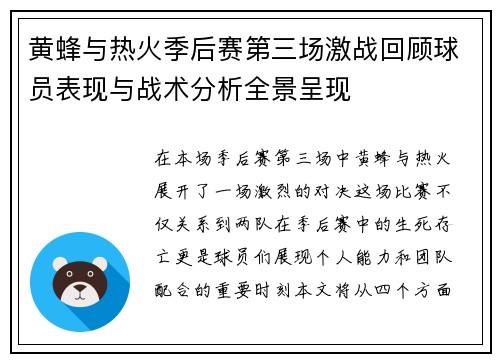 黄蜂与热火季后赛第三场激战回顾球员表现与战术分析全景呈现